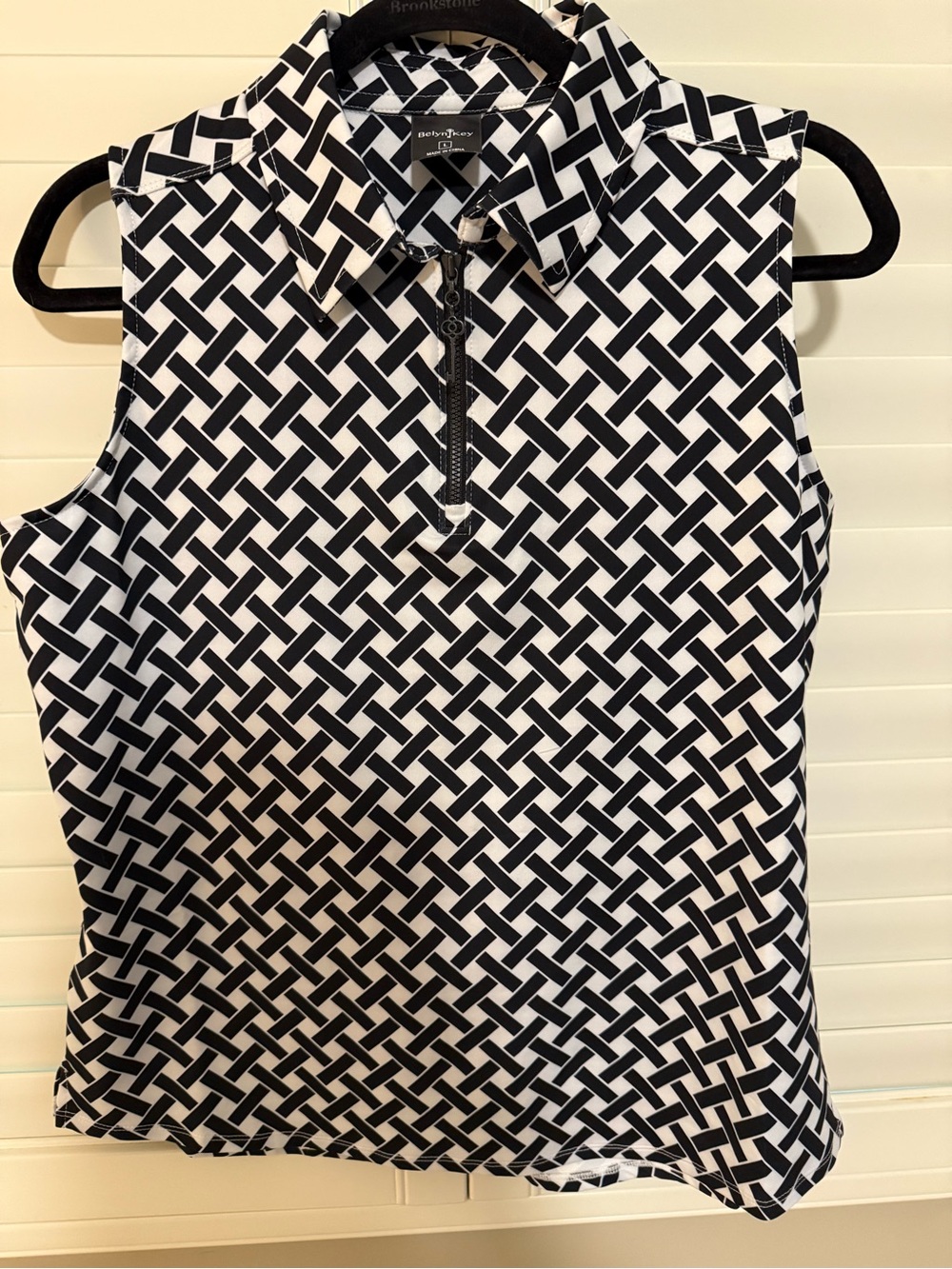 Belyn Key Black and White Sleeveless Polo Tank 1/4 zip